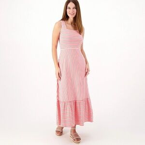 Lands' End Women's Medium Maxi Dress Square Neck Tiered Pink Stripe A574156